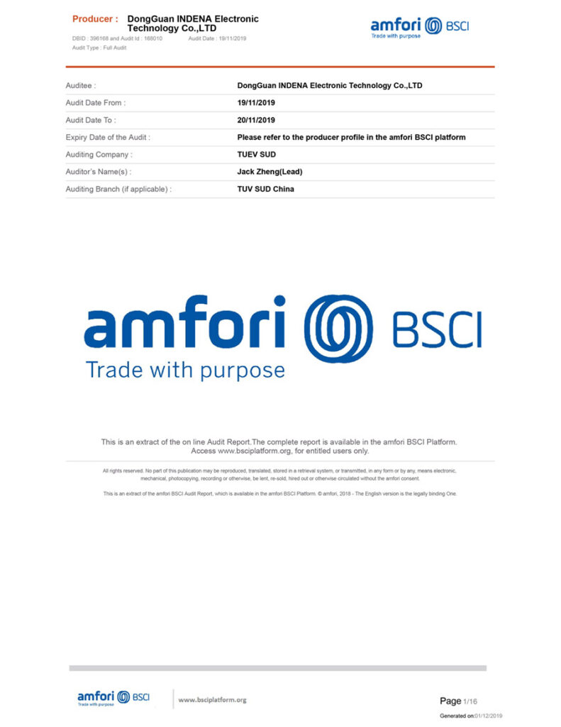INDENA - Passed the BSCI (Dongguan factory)